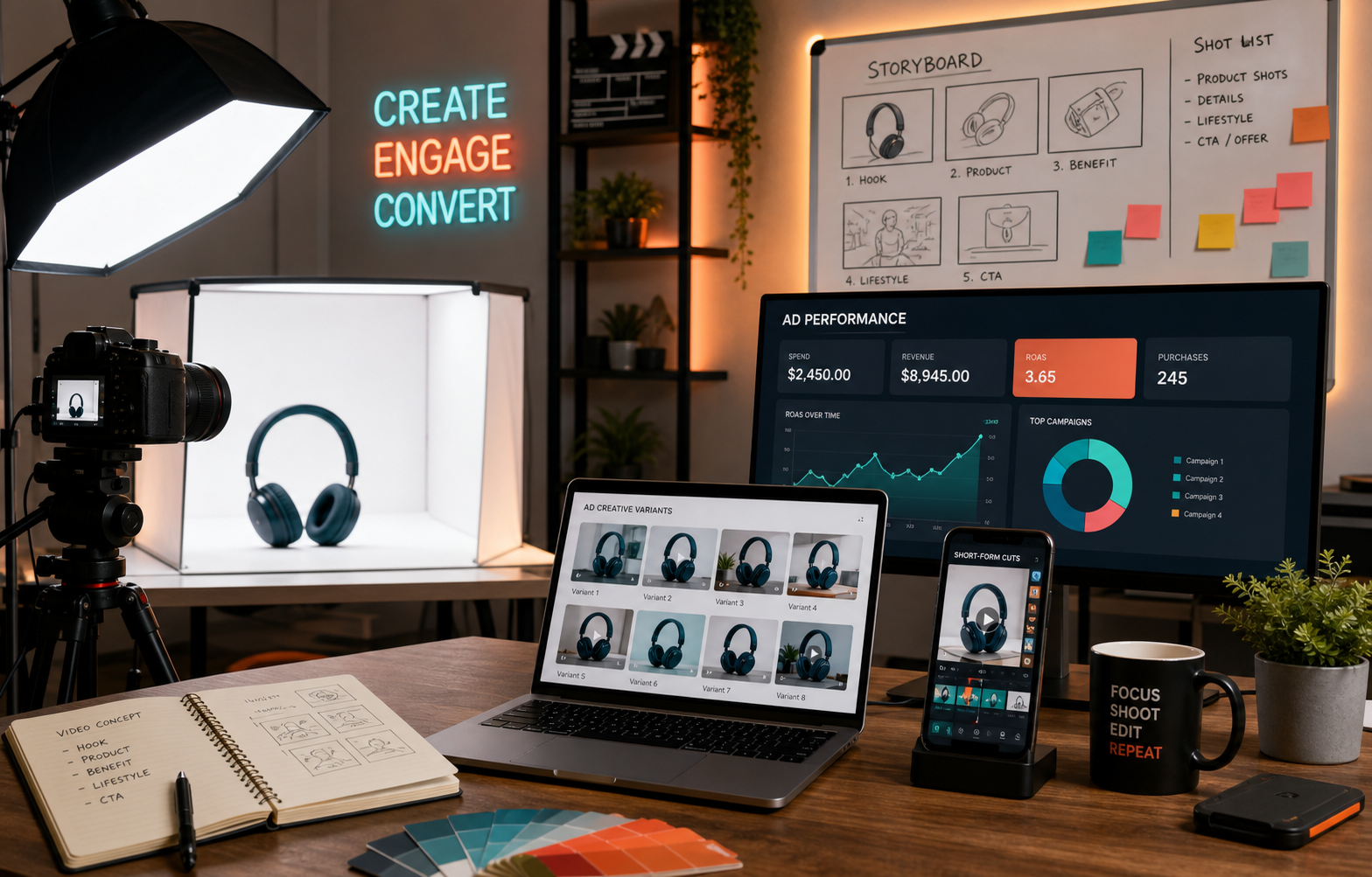 E-commerce growth dashboard and product video production setup for a retail case study.