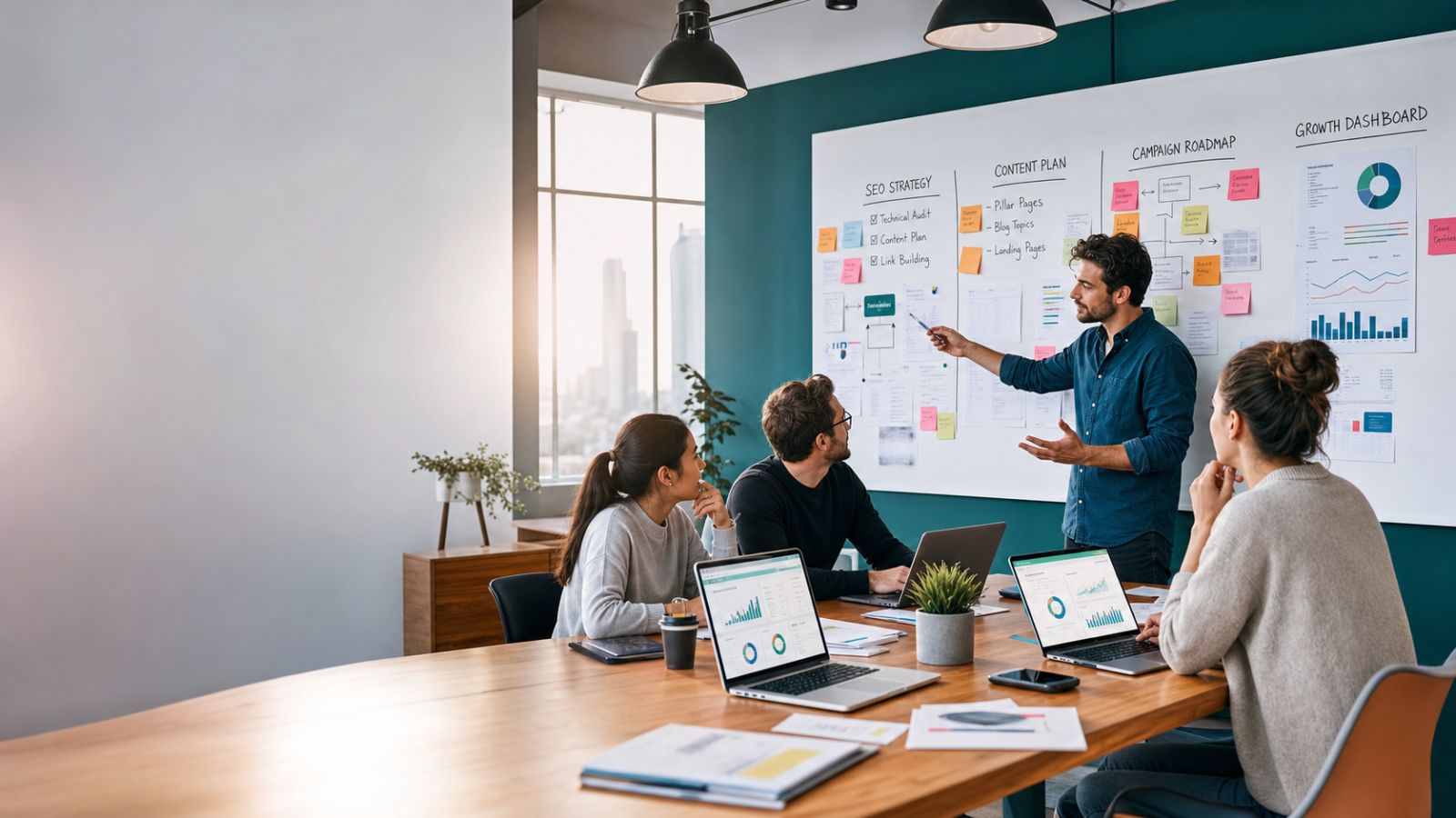 Digital marketing team planning SEO, content, paid media, and reporting on a strategy wall.