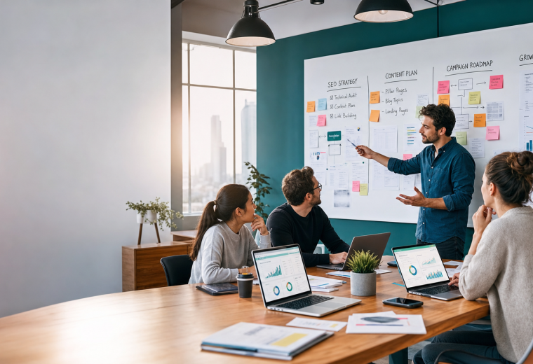 Digital marketing team planning SEO, content, paid media, and reporting on a strategy wall.