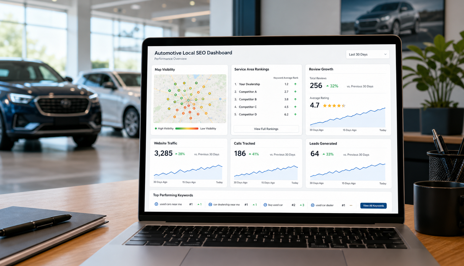 SEO dashboard with local rankings, map visibility, review growth, website traffic, calls, and generated leads.