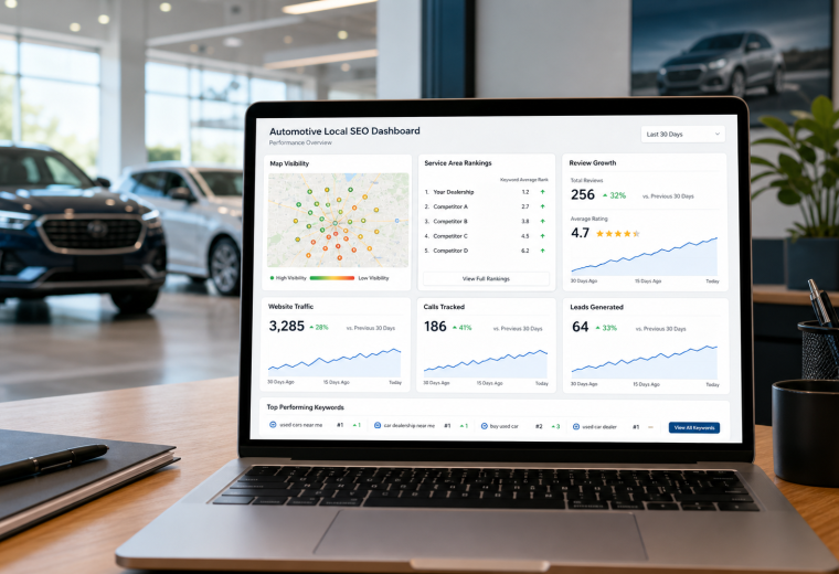 SEO dashboard with local rankings, map visibility, review growth, website traffic, calls, and generated leads.