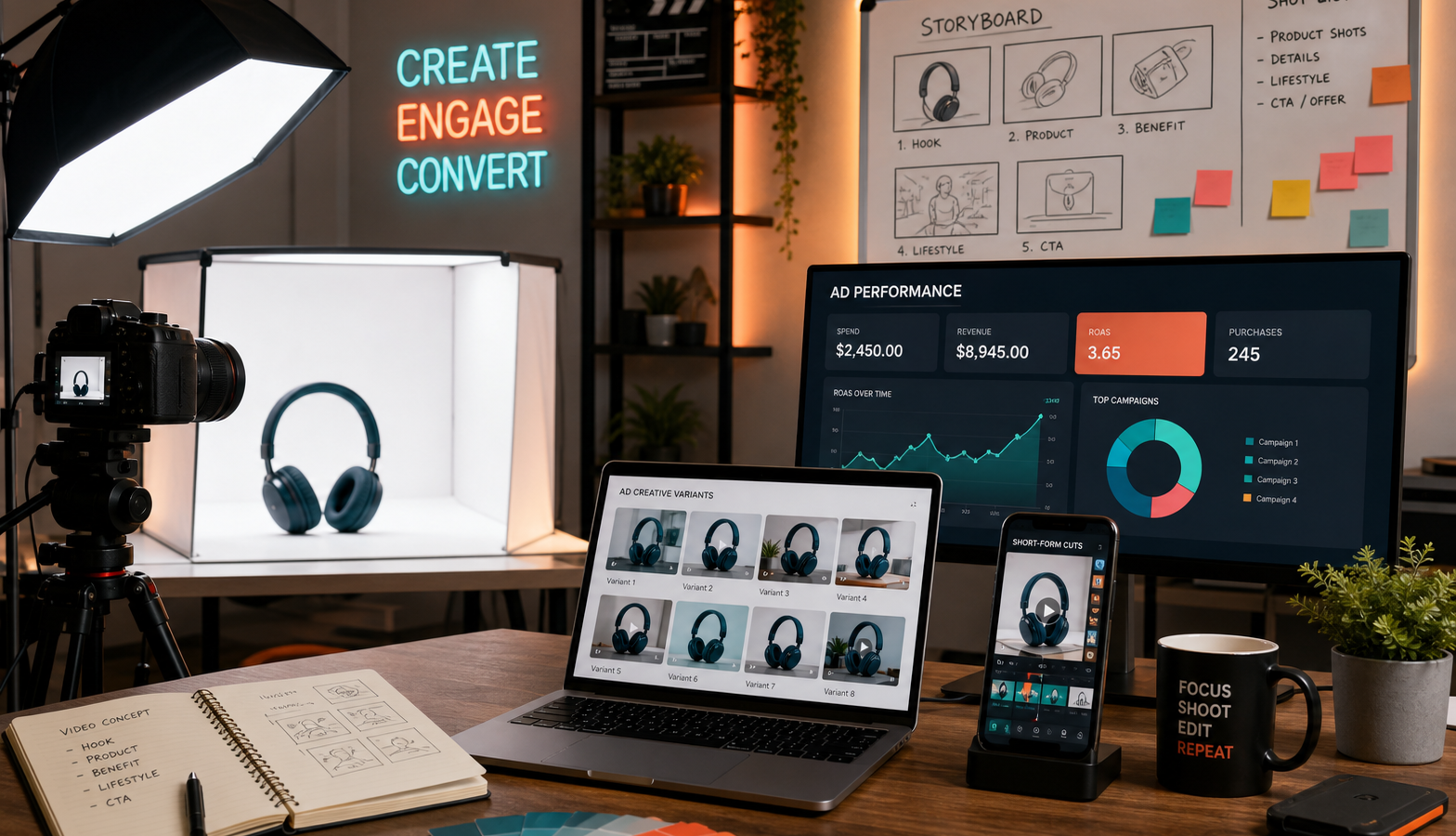 E-commerce growth dashboard and product video production setup for a retail case study.