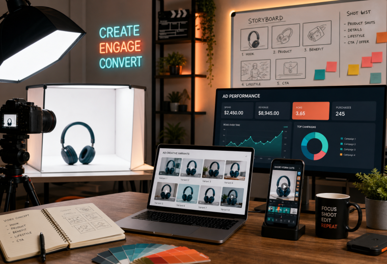 E-commerce growth dashboard and product video production setup for a retail case study.