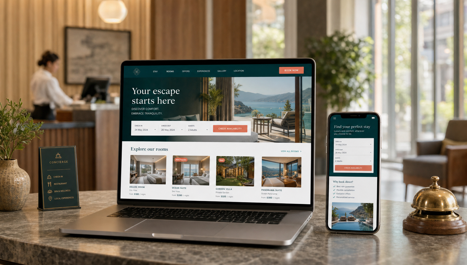 Conversion-focused booking website shown on laptop and mobile screens with clear calls to action.