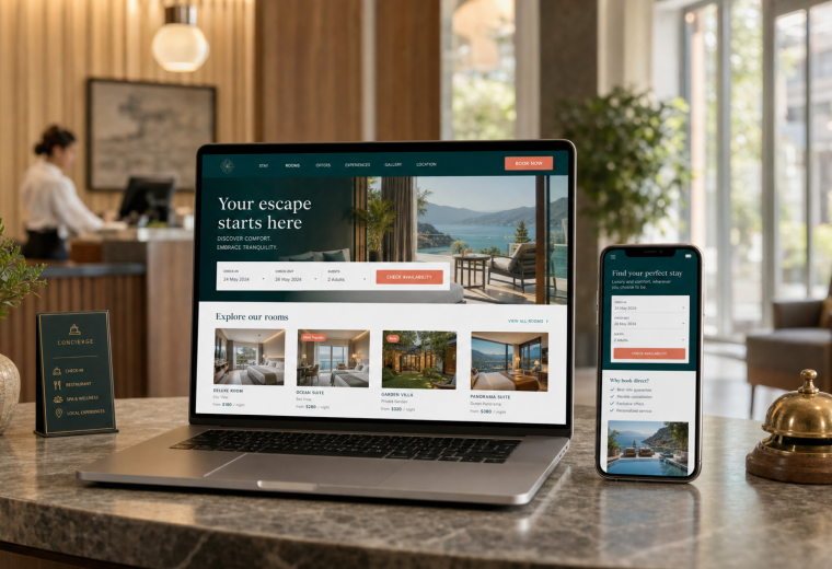 Conversion-focused booking website shown on laptop and mobile screens with clear calls to action.