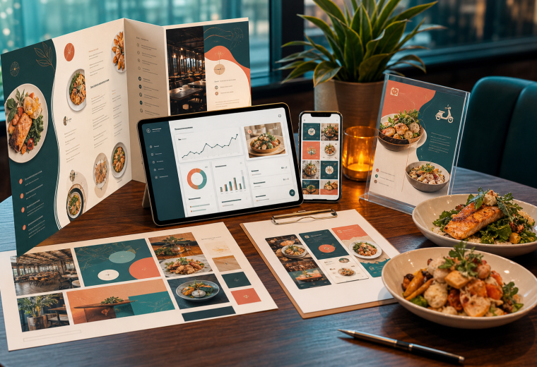 Restaurant visual identity assets with menu design, social templates, campaign previews, and food photography.