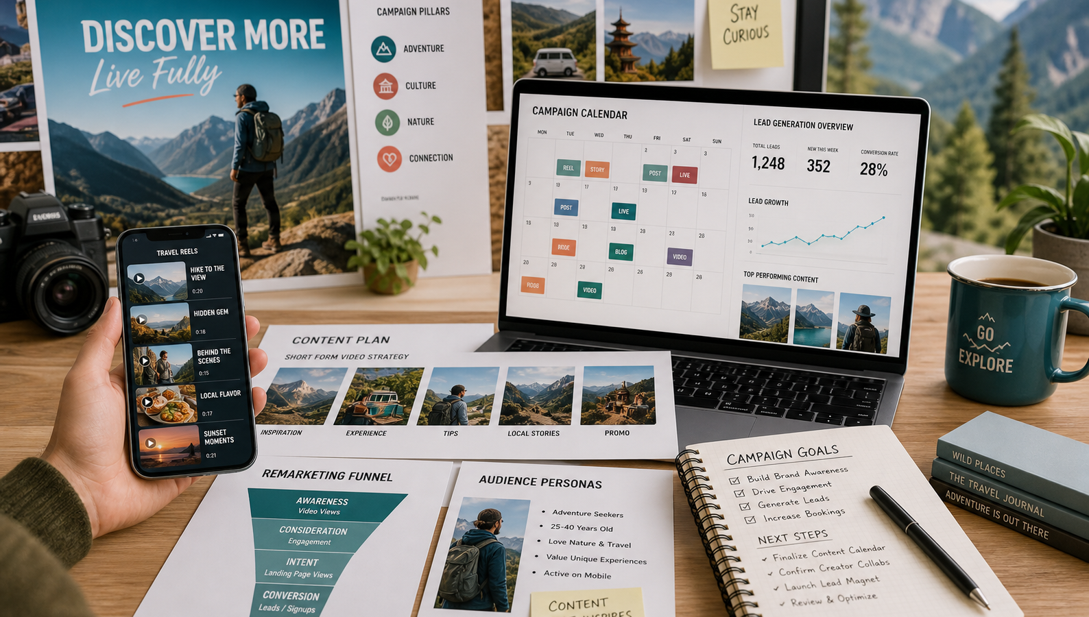Travel campaign planning desk with video previews, social content calendar, and lead generation analytics.