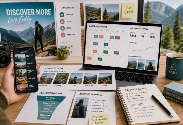 Travel campaign planning desk with video previews, social content calendar, and lead generation analytics.
